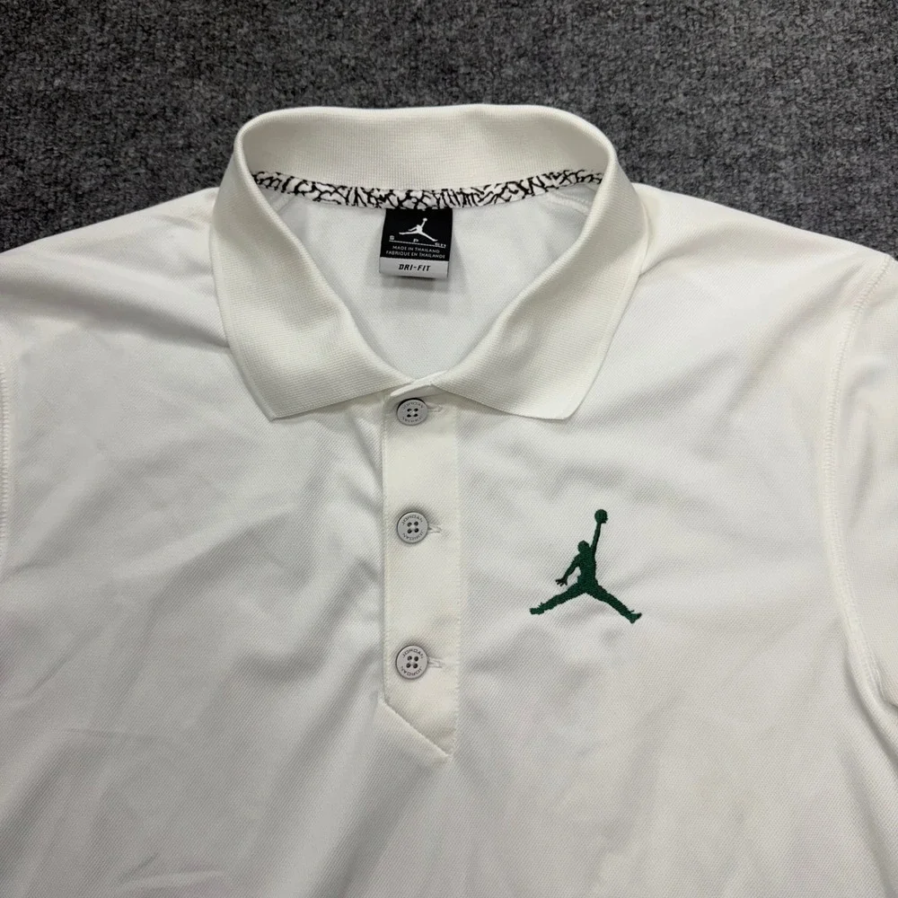 Jordan Mens Dri-FIT Polo Shirt White Green Jumpman Logo Small Elephant Print